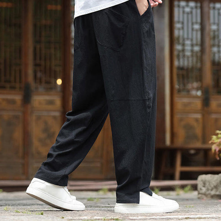 Pantalones de lino y algodón con cintura elástica y bolsillos para hombre con diseño de Buddha Stones - image 14