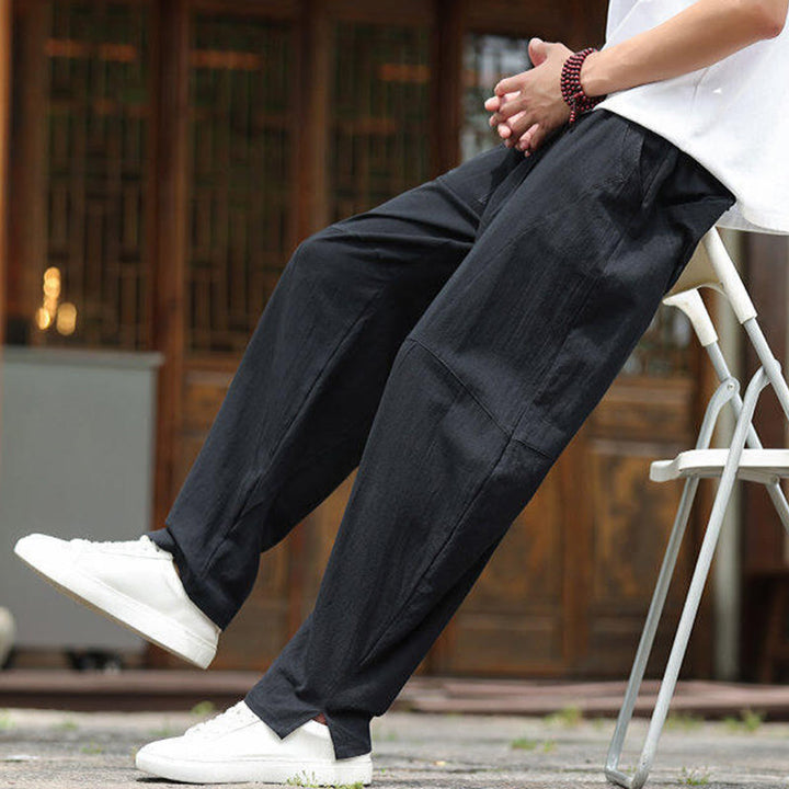 Pantalones de lino y algodón con cintura elástica y bolsillos para hombre con diseño de Buddha Stones - image 19
