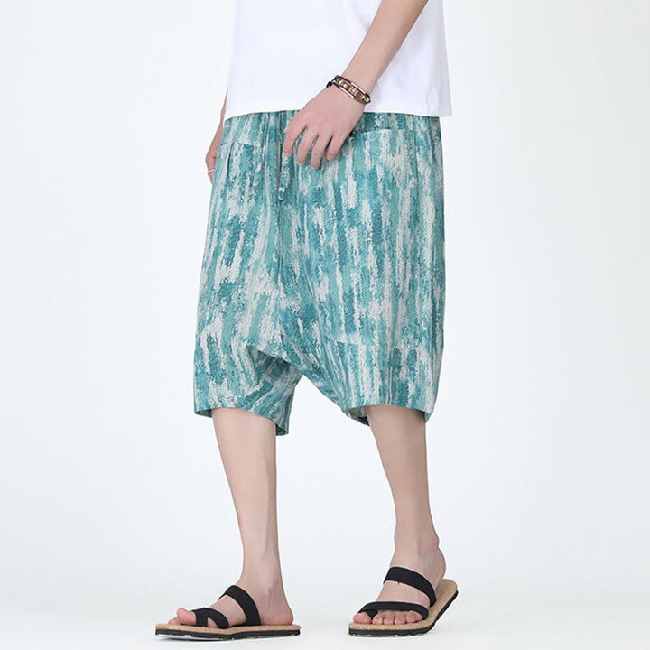 Pantalones capri de lino y algodón con rayas de verano Buddha Stones para hombre con bolsillos - image 1