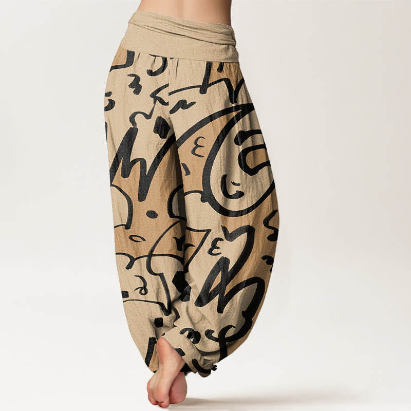 Pantalones harén con cintura elástica para mujer, con estampado de líneas garabateadas informales y divertidas de Buddha Stones - image 2