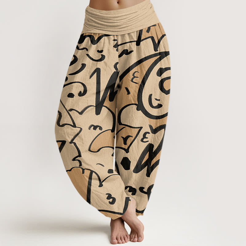Pantalones harén con cintura elástica para mujer, con estampado de líneas garabateadas informales y divertidas de Buddha Stones - Vara de oro pálida - US22，UK/AU26，EU54 (6XL) - image 1