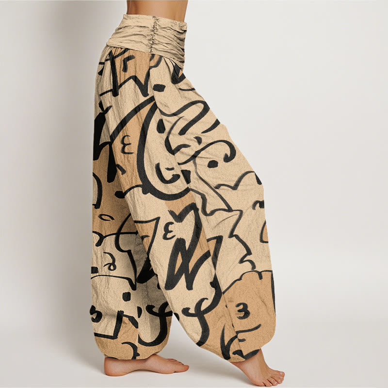 Pantalones harén con cintura elástica para mujer, con estampado de líneas garabateadas informales y divertidas de Buddha Stones - image 3