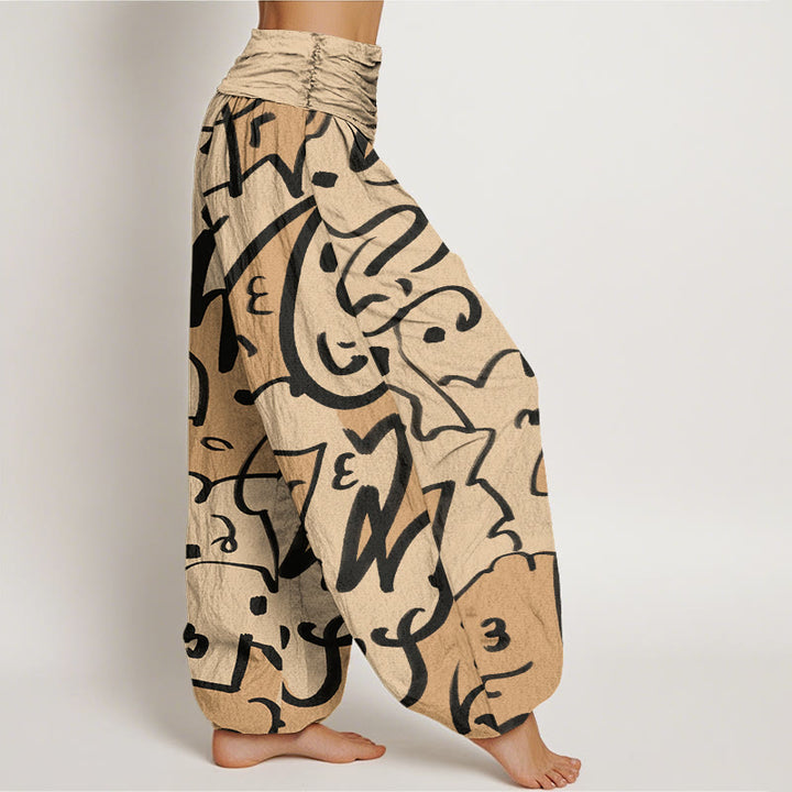 Pantalones harén con cintura elástica para mujer, con estampado de líneas garabateadas informales y divertidas de Buddha Stones - image 3