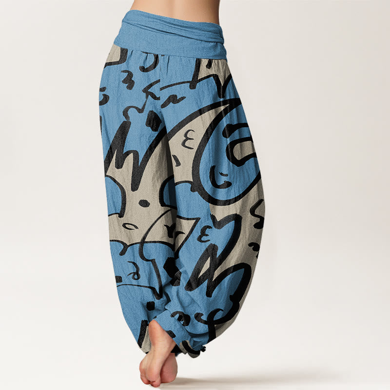 Pantalones harén con cintura elástica para mujer, con estampado de líneas garabateadas informales y divertidas de Buddha Stones - image 6