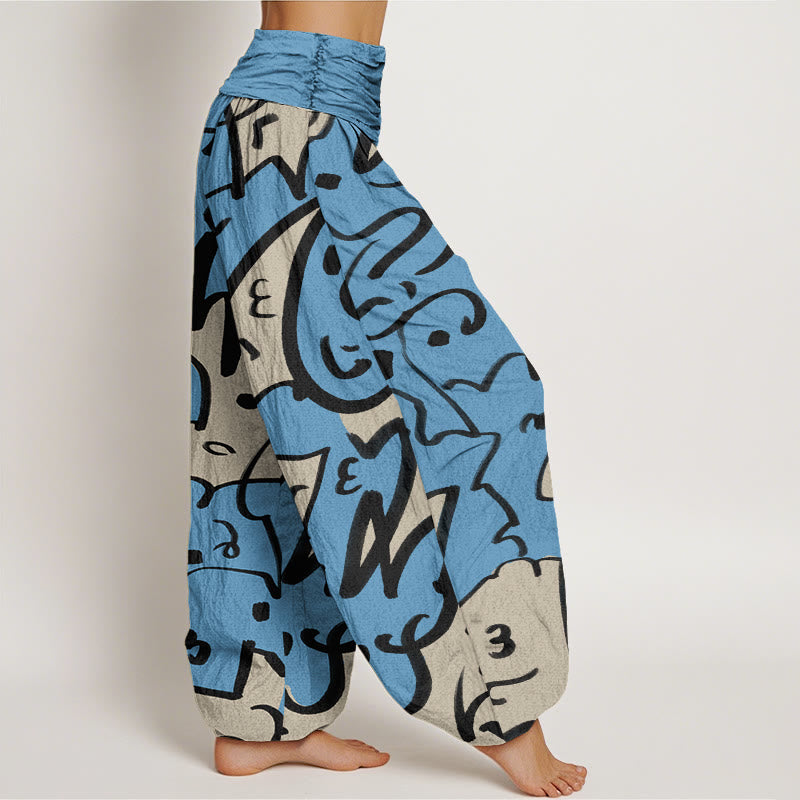 Pantalones harén con cintura elástica para mujer, con estampado de líneas garabateadas informales y divertidas de Buddha Stones - image 7