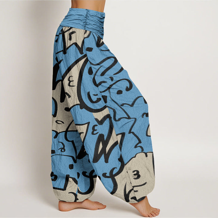 Pantalones harén con cintura elástica para mujer, con estampado de líneas garabateadas informales y divertidas de Buddha Stones - image 7