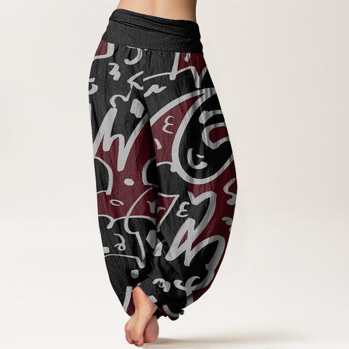 Pantalones harén con cintura elástica para mujer, con estampado de líneas garabateadas informales y divertidas de Buddha Stones - image 9