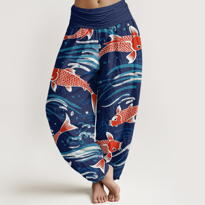 Pantalones harén con cintura elástica para mujer, con estampado de peces koi y piedras de Buddha Stones - Marina de guerra - US22，UK/AU26，EU54 (6XL) - image 1