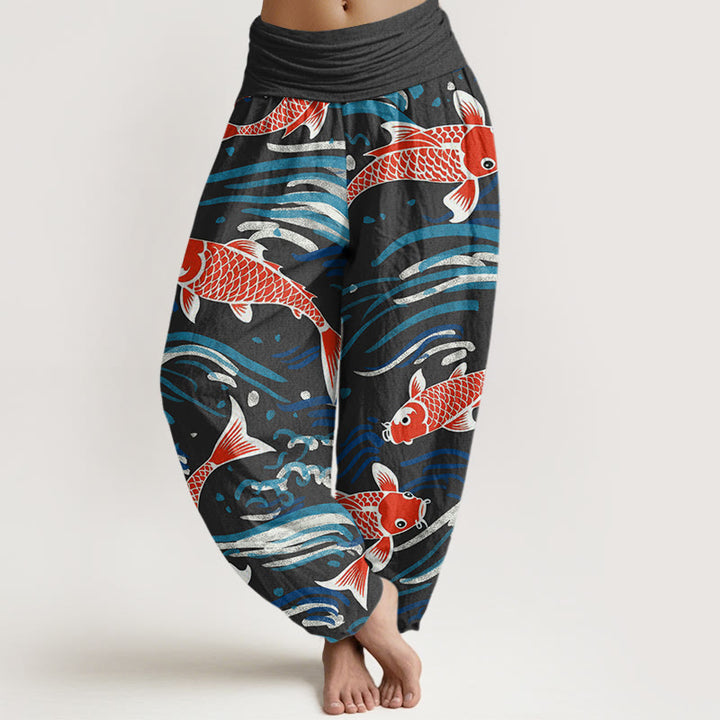 Pantalones harén con cintura elástica para mujer, con estampado de peces koi y piedras de Buddha Stones - Negro - US22，UK/AU26，EU54 (6XL) - image 5