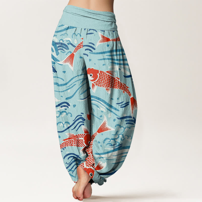 Pantalones harén con cintura elástica para mujer, con estampado de peces koi y piedras de Buddha Stones - image 10