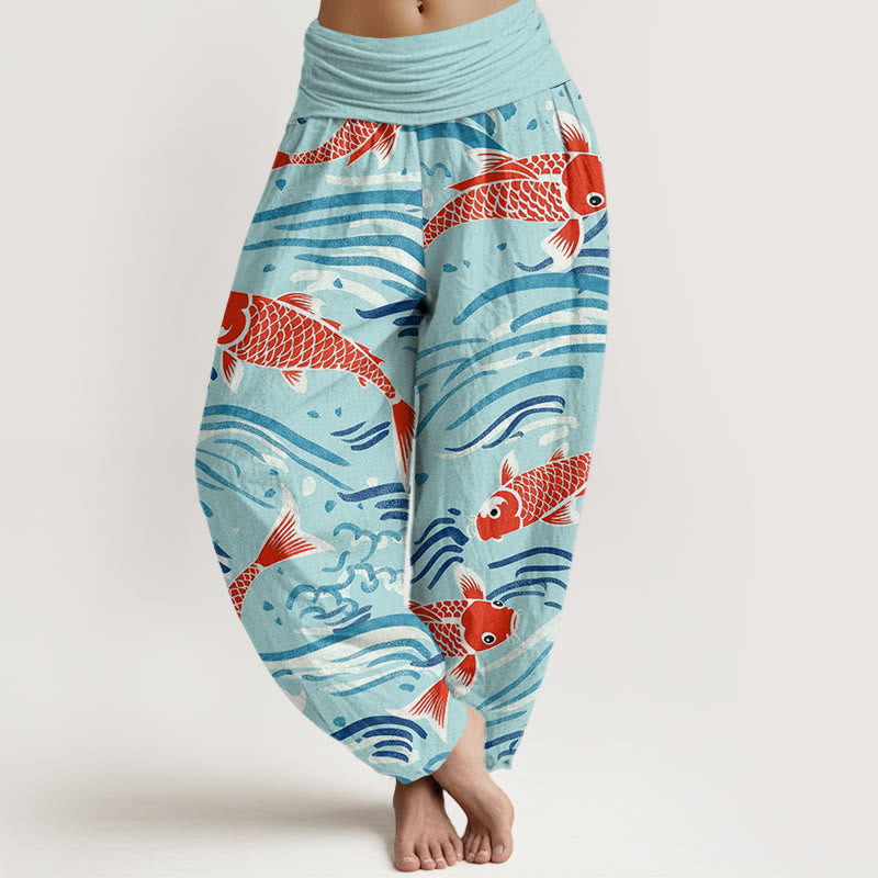 Pantalones harén con cintura elástica para mujer, con estampado de peces koi y piedras de Buddha Stones - Turquesa - US22，UK/AU26，EU54 (6XL) - image 8