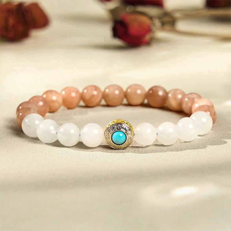 Pulsera relajante de piedra lunar natural de melocotón y aguamarina de Buddha Stones