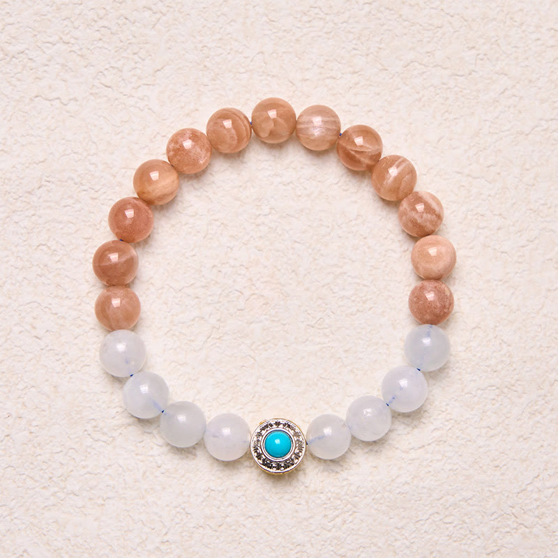 Pulsera relajante de piedra lunar natural de melocotón y aguamarina de Buddha Stones