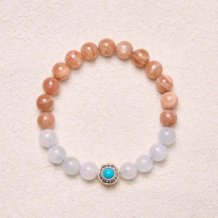 Pulsera relajante de piedra lunar natural de melocotón y aguamarina de Buddha Stones
