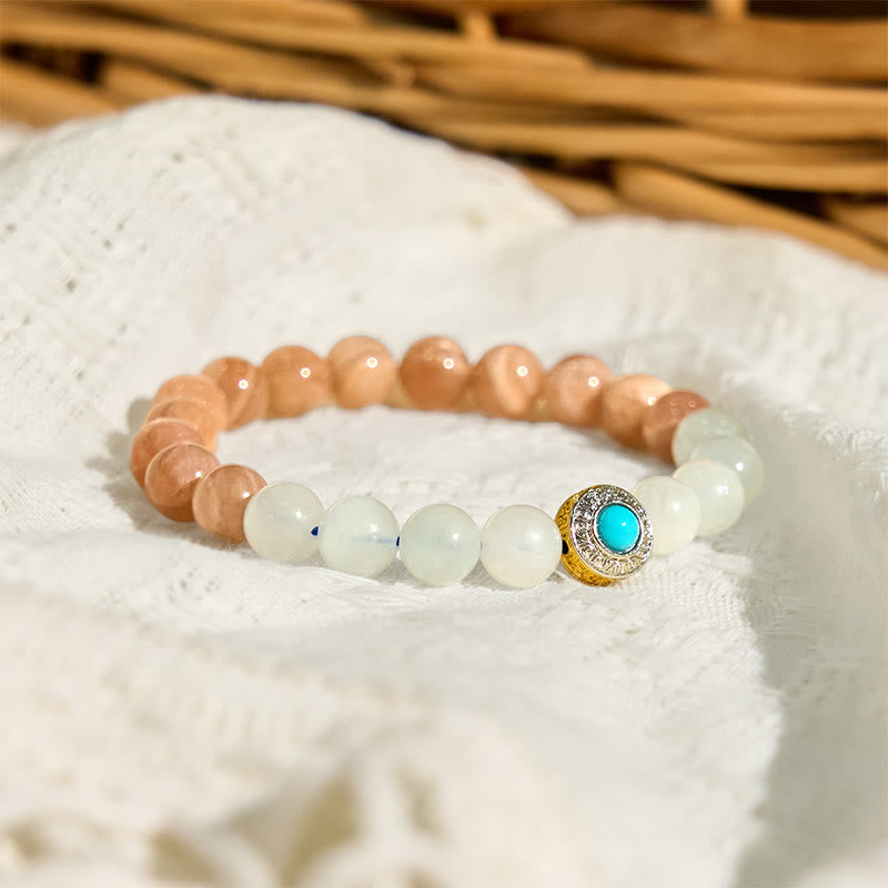 Pulsera relajante de piedra lunar natural de melocotón y aguamarina de Buddha Stones