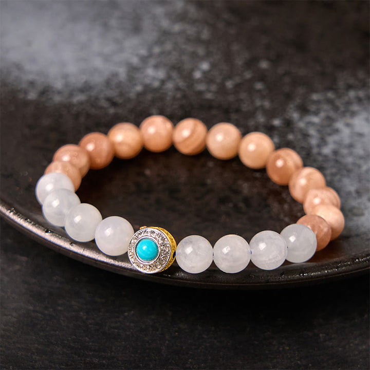 Pulsera relajante de piedra lunar natural de melocotón y aguamarina de Buddha Stones