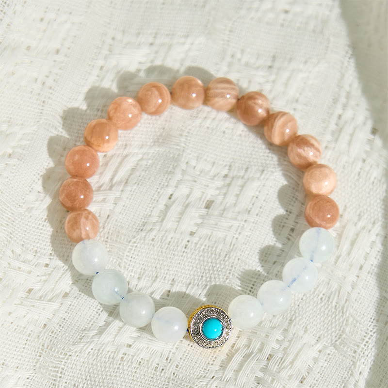 Pulsera relajante de piedra lunar natural de melocotón y aguamarina de Buddha Stones