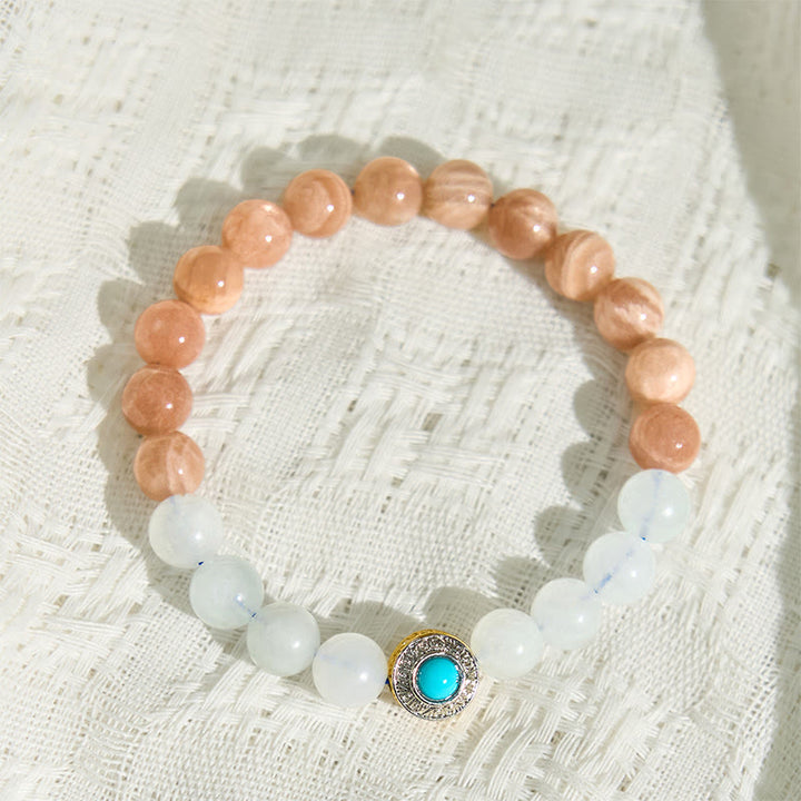 Pulsera relajante de piedra lunar natural de melocotón y aguamarina de Buddha Stones