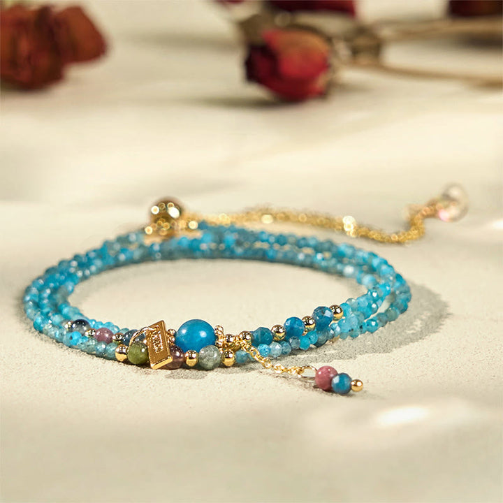 Pulsera creativa de triple vuelta con cuentas ultrafinas de apatita natural de 3 mm y piedra de Buda, chapada en oro de 14 k.