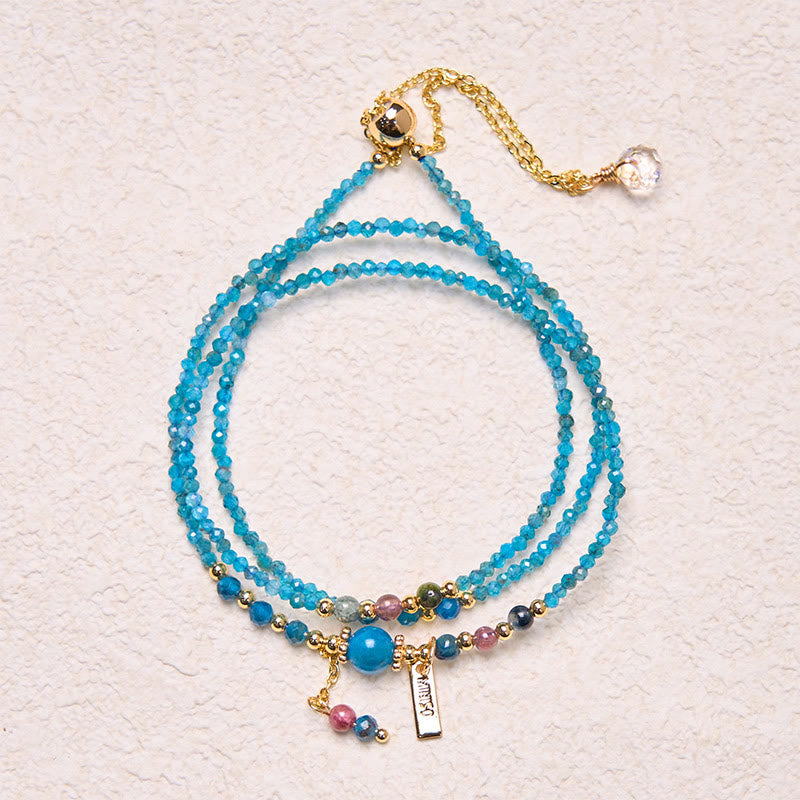 Pulsera creativa de triple vuelta con cuentas ultrafinas de apatita natural de 3 mm y piedra de Buda, chapada en oro de 14 k.