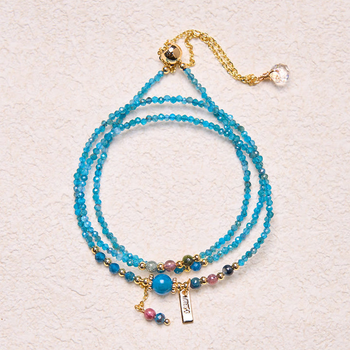 Pulsera creativa de triple vuelta con cuentas ultrafinas de apatita natural de 3 mm y piedra de Buda, chapada en oro de 14 k.
