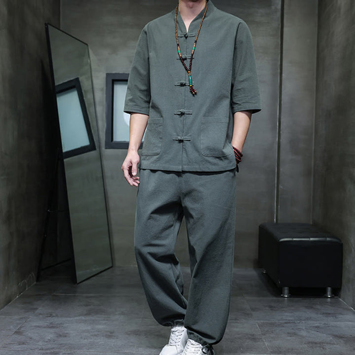 Conjunto de 2 Buddha Stones de traje Tang con diseño de rana y botones, camisa y pantalones con bolsillos, de algodón y lino, para meditación de hombre.