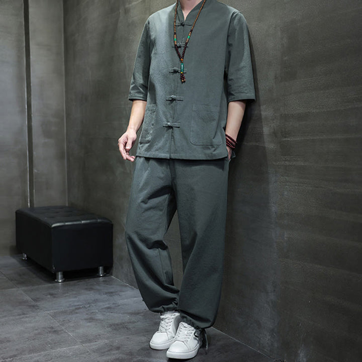 Conjunto de 2 Buddha Stones de traje Tang con diseño de rana y botones, camisa y pantalones con bolsillos, de algodón y lino, para meditación de hombre.