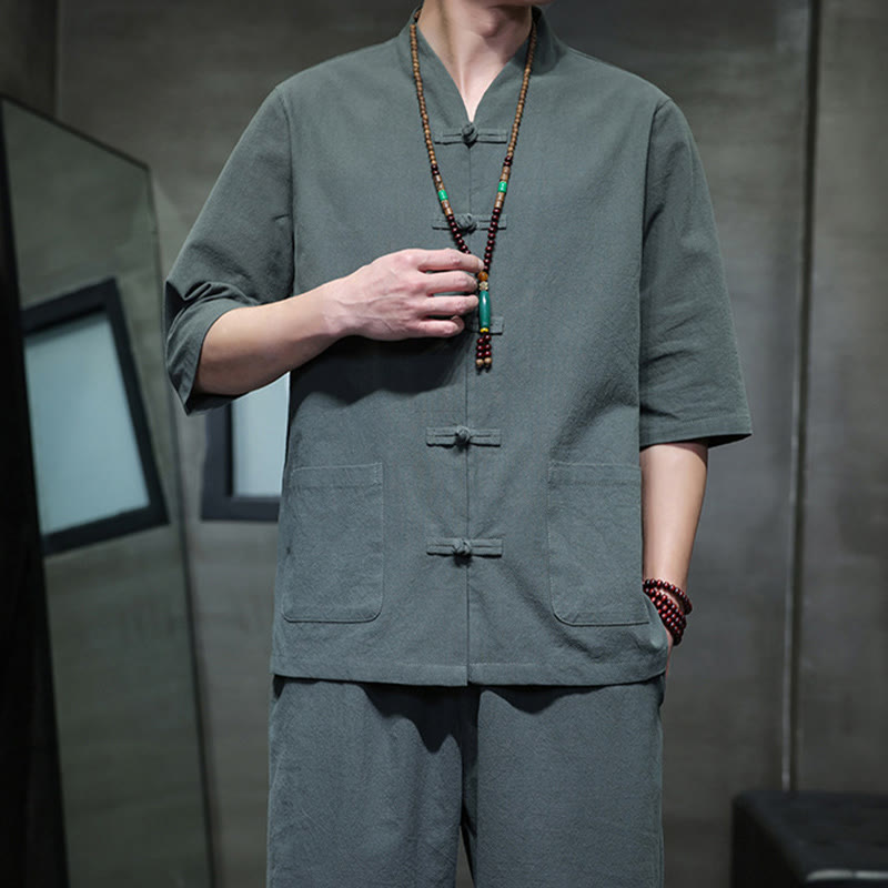 Conjunto de 2 Buddha Stones de traje Tang con diseño de rana y botones, camisa y pantalones con bolsillos, de algodón y lino, para meditación de hombre.