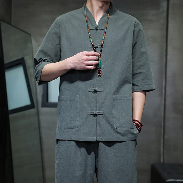 Conjunto de 2 Buddha Stones de traje Tang con diseño de rana y botones, camisa y pantalones con bolsillos, de algodón y lino, para meditación de hombre.