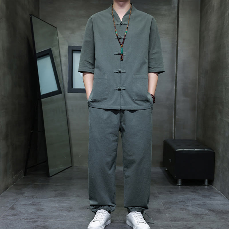 Conjunto de 2 Buddha Stones de traje Tang con diseño de rana y botones, camisa y pantalones con bolsillos, de algodón y lino, para meditación de hombre.