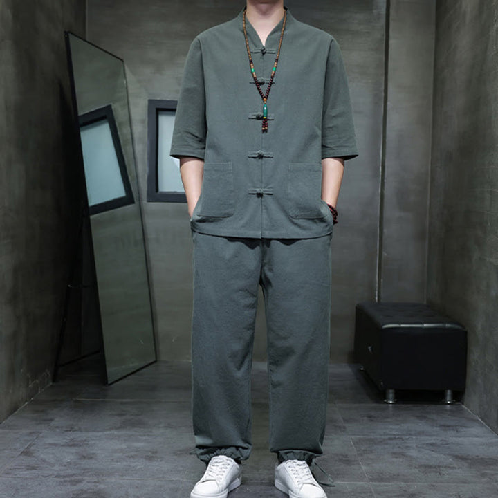 Conjunto de 2 Buddha Stones de traje Tang con diseño de rana y botones, camisa y pantalones con bolsillos, de algodón y lino, para meditación de hombre.
