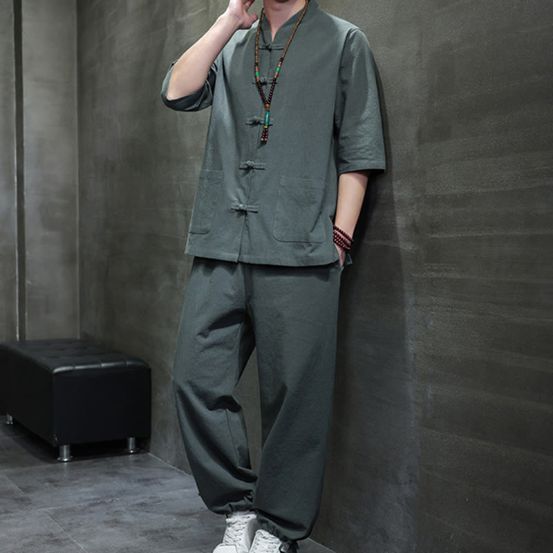 Conjunto de 2 Buddha Stones de traje Tang con diseño de rana y botones, camisa y pantalones con bolsillos, de algodón y lino, para meditación de hombre.