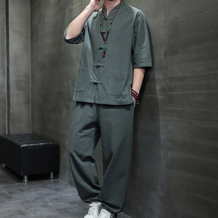 Conjunto de 2 Buddha Stones de traje Tang con diseño de rana y botones, camisa y pantalones con bolsillos, de algodón y lino, para meditación de hombre.