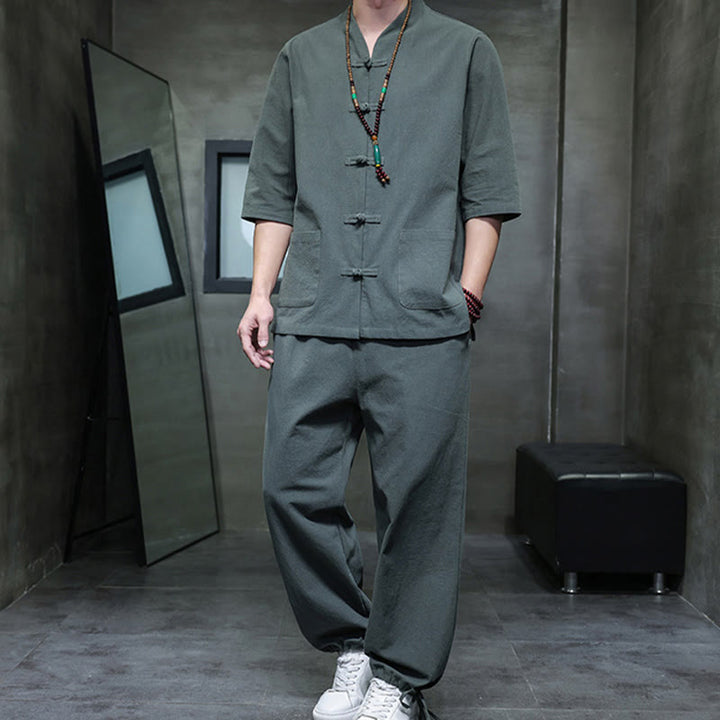 Conjunto de 2 Buddha Stones de traje Tang con diseño de rana y botones, camisa y pantalones con bolsillos, de algodón y lino, para meditación de hombre.