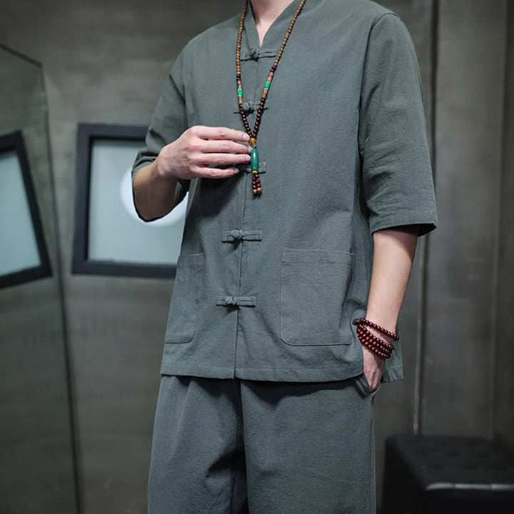 Conjunto de 2 Buddha Stones de traje Tang con diseño de rana y botones, camisa y pantalones con bolsillos, de algodón y lino, para meditación de hombre.