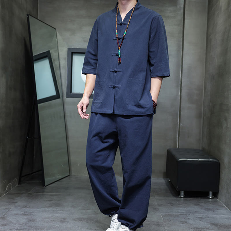 Conjunto de 2 Buddha Stones de traje Tang con diseño de rana y botones, camisa y pantalones con bolsillos, de algodón y lino, para meditación de hombre.