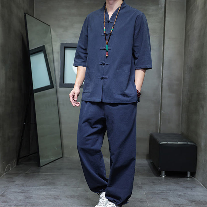Conjunto de 2 Buddha Stones de traje Tang con diseño de rana y botones, camisa y pantalones con bolsillos, de algodón y lino, para meditación de hombre.