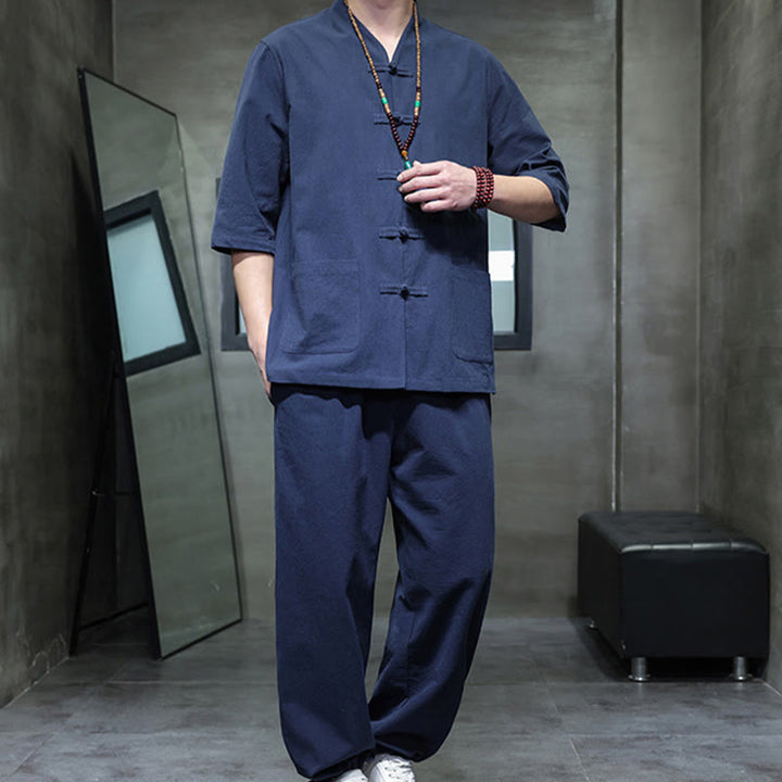 Conjunto de 2 Buddha Stones de traje Tang con diseño de rana y botones, camisa y pantalones con bolsillos, de algodón y lino, para meditación de hombre.