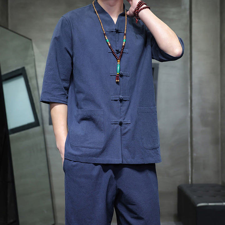 Conjunto de 2 Buddha Stones de traje Tang con diseño de rana y botones, camisa y pantalones con bolsillos, de algodón y lino, para meditación de hombre.
