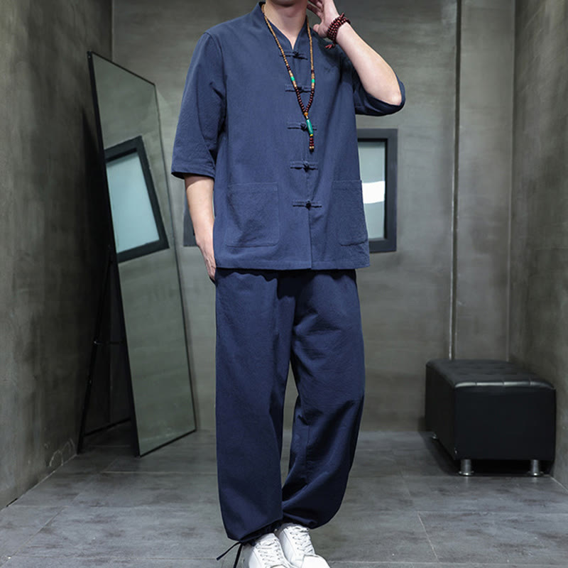 Conjunto de 2 Buddha Stones de traje Tang con diseño de rana y botones, camisa y pantalones con bolsillos, de algodón y lino, para meditación de hombre.