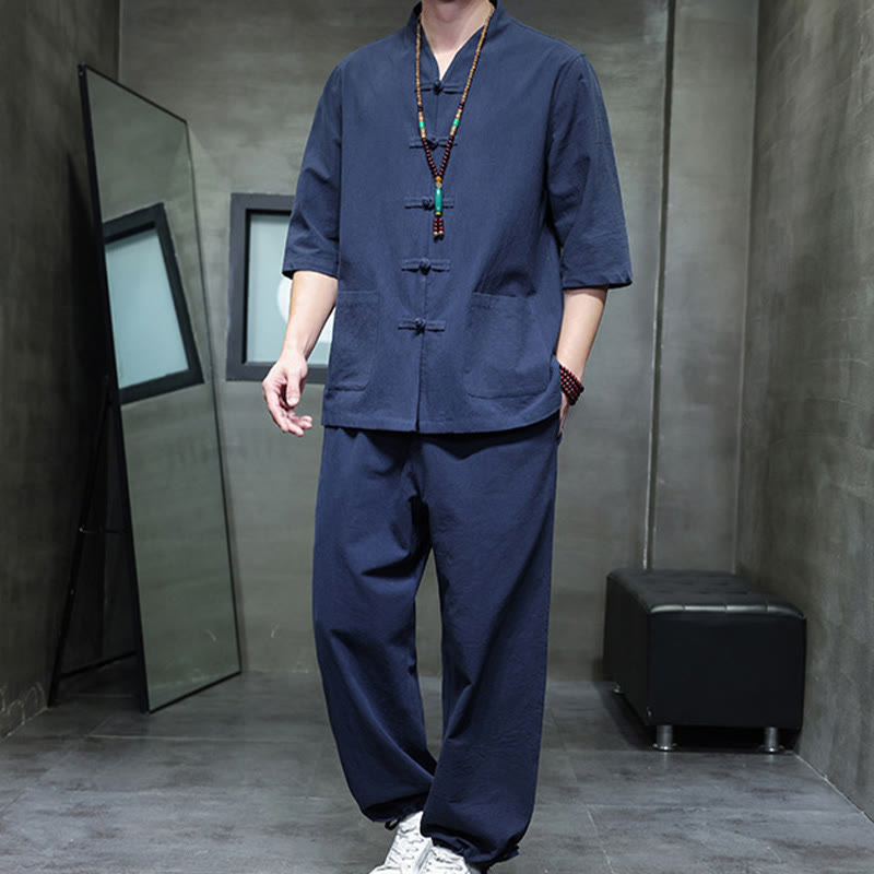 Conjunto de 2 Buddha Stones de traje Tang con diseño de rana y botones, camisa y pantalones con bolsillos, de algodón y lino, para meditación de hombre.