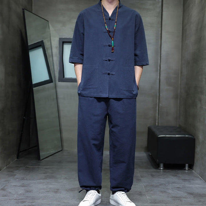 Conjunto de 2 Buddha Stones de traje Tang con diseño de rana y botones, camisa y pantalones con bolsillos, de algodón y lino, para meditación de hombre.