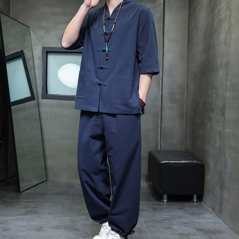 Conjunto de 2 Buddha Stones de traje Tang con diseño de rana y botones, camisa y pantalones con bolsillos, de algodón y lino, para meditación de hombre.