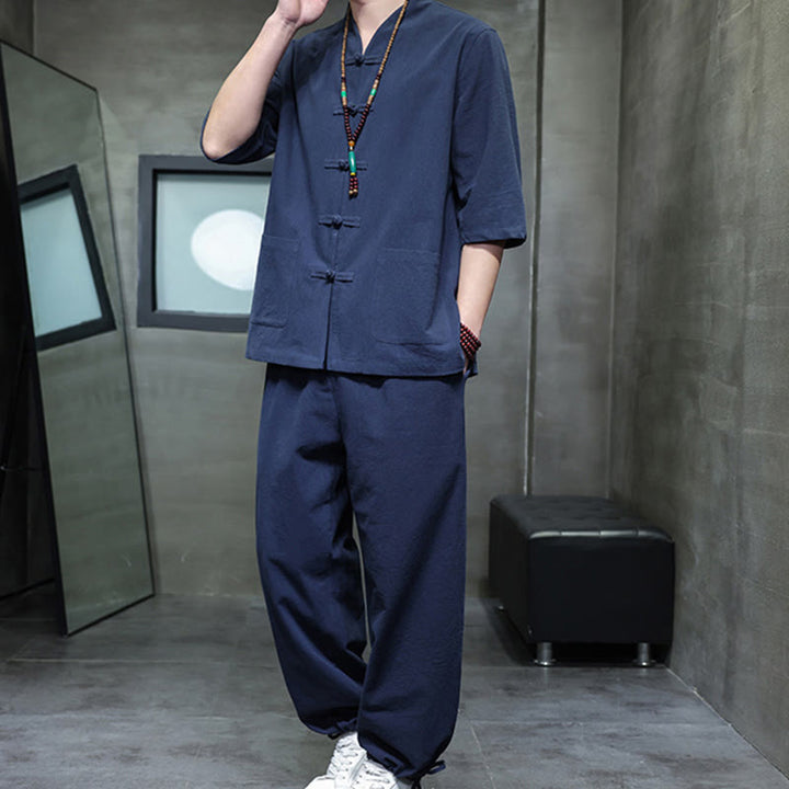 Conjunto de 2 Buddha Stones de traje Tang con diseño de rana y botones, camisa y pantalones con bolsillos, de algodón y lino, para meditación de hombre.