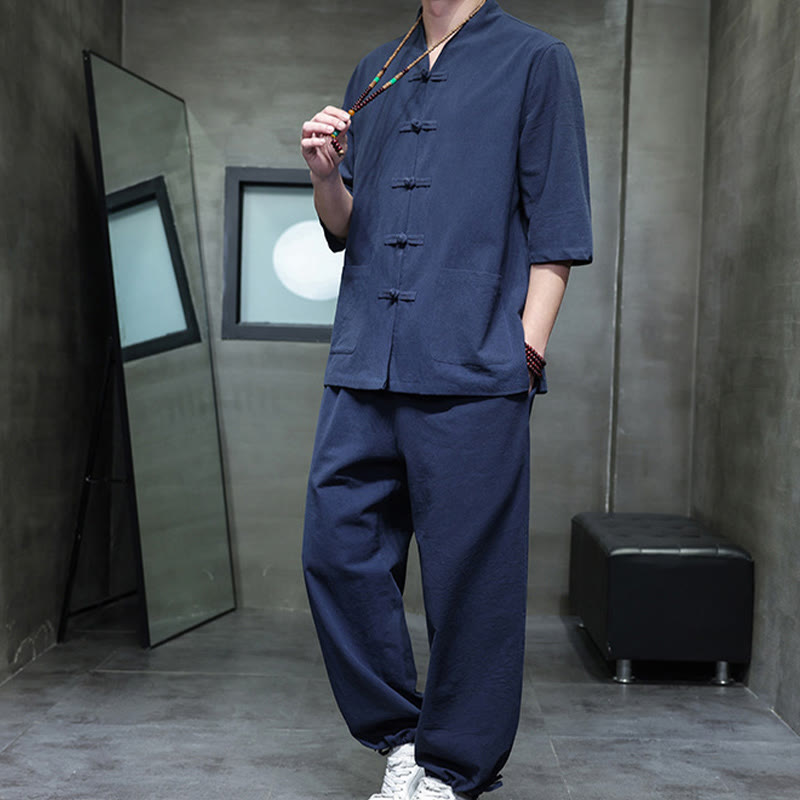 Conjunto de 2 Buddha Stones de traje Tang con diseño de rana y botones, camisa y pantalones con bolsillos, de algodón y lino, para meditación de hombre.