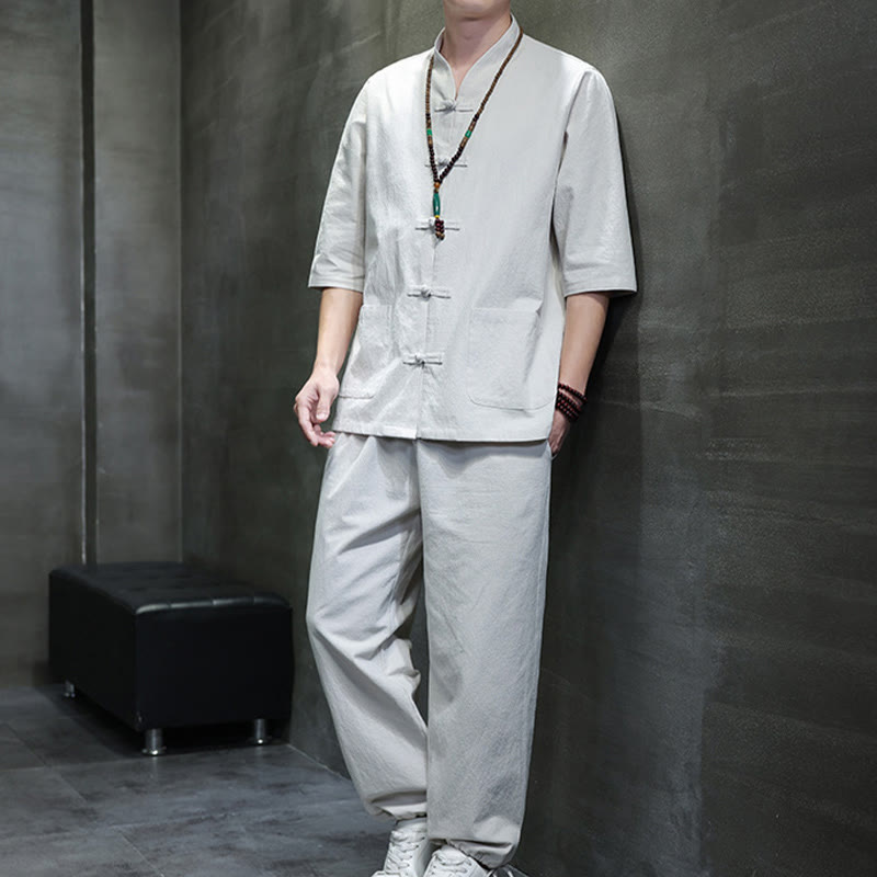 Conjunto de 2 Buddha Stones de traje Tang con diseño de rana y botones, camisa y pantalones con bolsillos, de algodón y lino, para meditación de hombre.