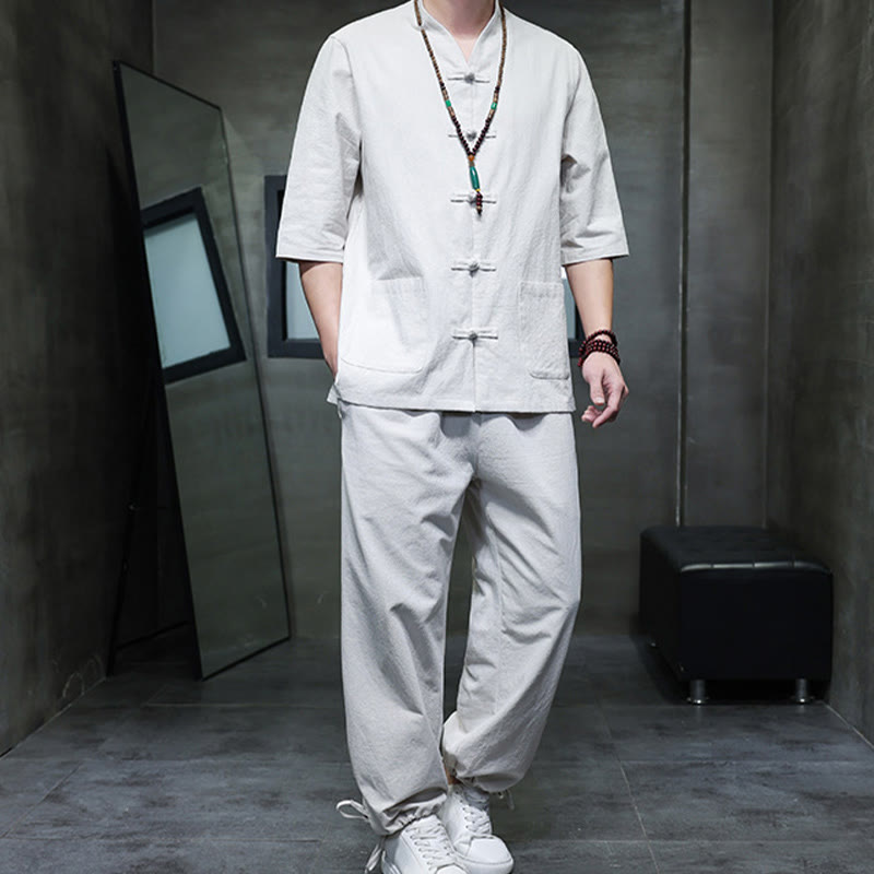 Conjunto de 2 Buddha Stones de traje Tang con diseño de rana y botones, camisa y pantalones con bolsillos, de algodón y lino, para meditación de hombre.