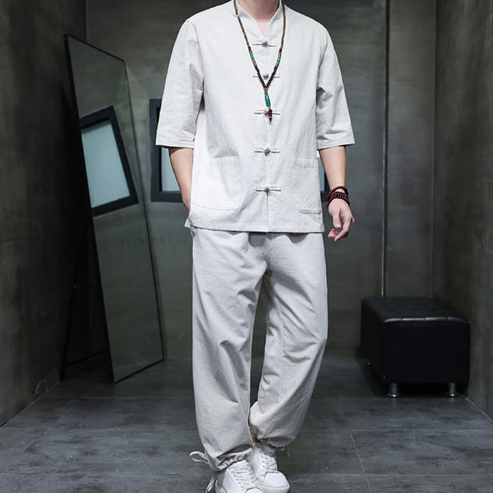 Conjunto de 2 Buddha Stones de traje Tang con diseño de rana y botones, camisa y pantalones con bolsillos, de algodón y lino, para meditación de hombre.