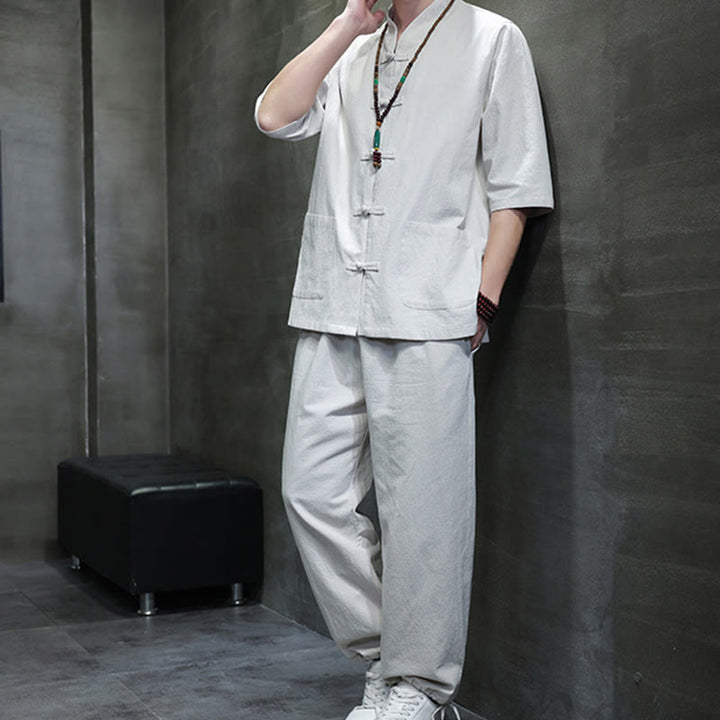 Conjunto de 2 Buddha Stones de traje Tang con diseño de rana y botones, camisa y pantalones con bolsillos, de algodón y lino, para meditación de hombre.