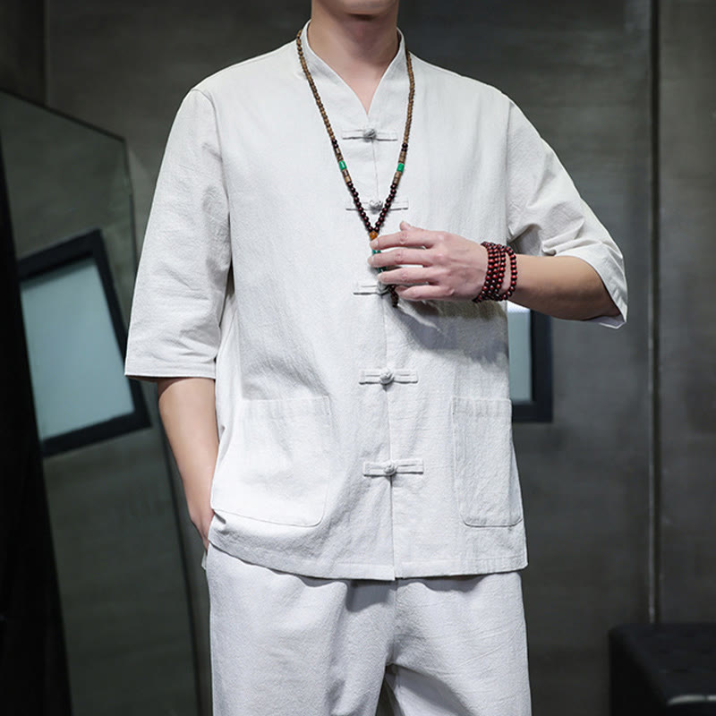 Conjunto de 2 Buddha Stones de traje Tang con diseño de rana y botones, camisa y pantalones con bolsillos, de algodón y lino, para meditación de hombre.